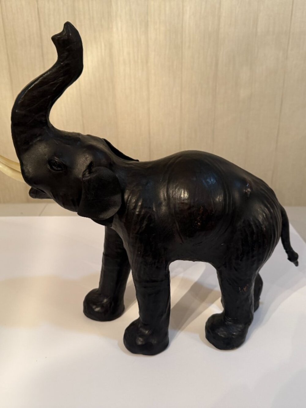 Vintage Leather Safari Elephant, Statues Figurine Trunk up